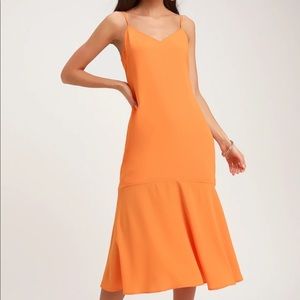 Lulus Bright Orange V Neck Midi Dress NWT Small Summer Wedding Guest Cocktail